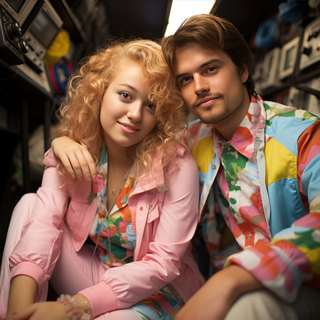 A trendy and fashionable couple showcasing vibrant retro jackets while enjoying their time. Young guy and girl dressed in 80s style sitting next to each otherの素材