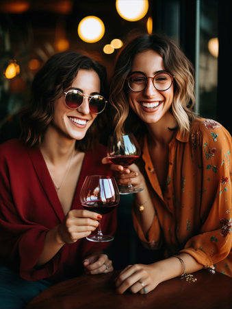 Two happy women toast with red wine, cherishing a delightful moment together in a warm and inviting atmosphereの素材
