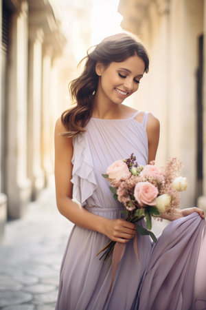 A joyful woman in a flowing lavender dress smiles while holding a bouquet of flowers in an enchanting alley.の素材