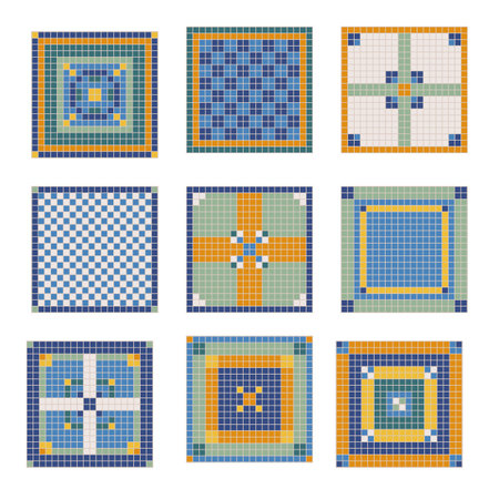 Colorful pixel art mosaic tiles set, vector pixel art, vintageのイラスト素材