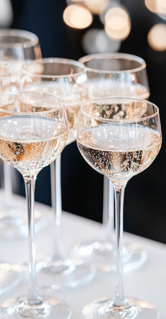 Several elegant champagne glasses filled with bubbly champagne stand on a table against a blurred background of warm lights, creating a festive and celebratory atmosphereの素材