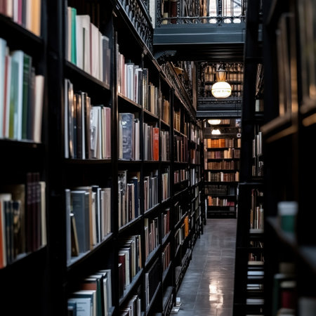 Long rows of dark wooden bookshelves create a narrow corridor, filled with countless books, illuminated by the warm light of hanging lamps in a classic style libraryの素材