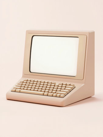 Retro computer with blank monitor and integrated keyboard sitting on a minimalist pink backdrop, evoking a sense of nostalgia for the early days of personal computingの素材