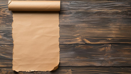 Partially unrolled blank scroll lying on dark wooden table is creating a large copy space in the center, perfect for adding custom message or designの素材