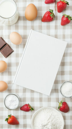 Blank cookbook lies on a checkered tablecloth, surrounded by fresh ingredients like strawberries, eggs, flour, sugar, milk, and chocolate, ready for a delicious recipeの素材