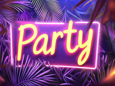 Vibrant neon sign glowing with the word party illuminates a backdrop of lush tropical palm leaves, creating an exotic and festive atmosphere perfect for celebrations and nightlifeの素材