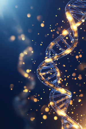 Polygonal dna helix is rotating on blue background with particles generating an abstract scientific concept related to biology, medicine, and geneticsの素材