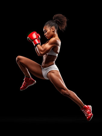 Strong female boxer jumping with red boxing gloves, displaying remarkable athleticism and power against a striking black background, radiating energy and confidenceの素材