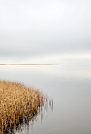 Dry grass growing alongside calm lake water under a cloudy sky creates a serene and minimalist landscape, embodying tranquility and the beauty of nature in autumnの素材