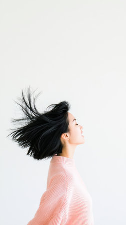 Young woman wearing a pink sweater is enjoying a moment of freedom and happiness as her hair blows in the wind against a minimalist white backgroundの素材