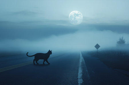 Black cat crossing a foggy road under the full moon, casting a mysterious silhouette against the dark night sky and creating an eerie, spooky atmosphere filled with intrigueの素材