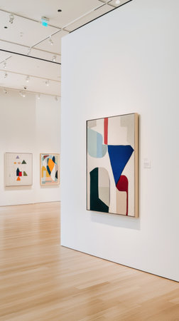 Modern art gallery displaying vibrant geometric abstract paintings, strategically lit, conveying sophisticated artistic elegance within minimalist interior designの素材