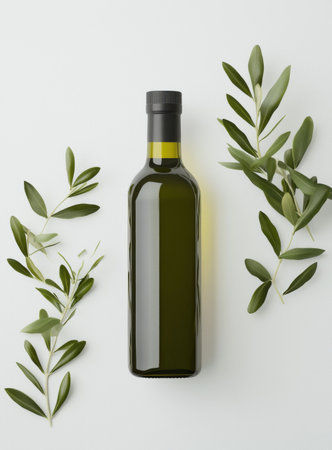 Dark glass bottle of olive oil resting on a white surface, surrounded by lush olive branches, creating an elegant and minimalist composition that highlights natural beauty and culinary traditionの素材
