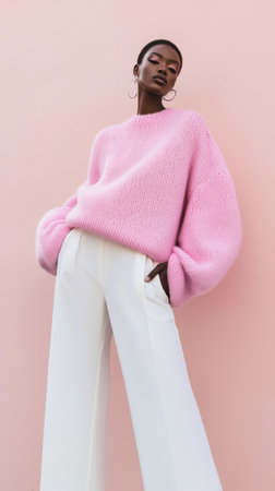 Stylish female model showing a trendy pink sweater and elegant white trousers against a matching pink backdrop, creating a vibrant and fashionable imageの素材