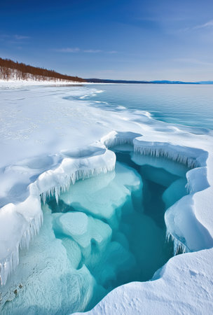 Translucent turquoise water flowing beneath icy surfaces, winter landscape at frozen lake baikal, siberia, russia, sunlight illuminating pristine environmentの素材