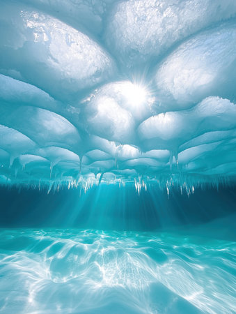 Sunbeams are streaming through the thick ice of a frozen lake, creating a breathtaking turquoise underwater scene with icicles hanging from the icy ceilingの素材