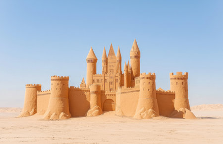 Intricate sandcastle with towers and walls, resembling a medieval fortress, rises from the desert sand under a clear blue sky, showcasing the artistry of sand sculptingの素材