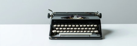 Black vintage typewriter resting on a white table against a gray background, evoking nostalgia for old fashioned writing and communication methods from the pastの素材