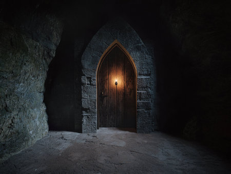Light from a wall sconce illuminates an old wooden door set in a stone archway in a dark corridor of an ancient castle, creating a mysterious and evocative sceneの素材