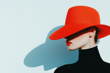 Stylish woman posing in red hat and black turtleneck, creating a bold and fashionable look with a touch of mystery, highlighted by dramatic shadows on a light backgroundの素材