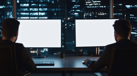 Businessmen collaborating on laptops during nighttime work session, contemporary corporate workspace featuring expansive urban skyline view, empty screens ready for design overlayの素材