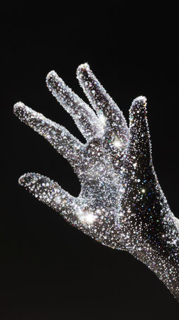 Open hand adorned with shimmering crystals reaching out against a deep black background, evoking a sense of magic and luxury while radiating elegance and brillianceの素材