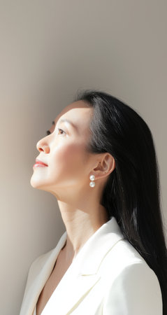 Asian businesswoman wearing pearl earrings and white suit looking up, enjoying the sunlight on her face, projecting an image of hope, aspiration, and successの素材