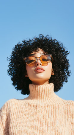 Fashion model with curly hair, wearing sunglasses and a turtleneck sweater, strikes a pose with her eyes closed, enjoying the warm sunlight against a vibrant blue skyの素材