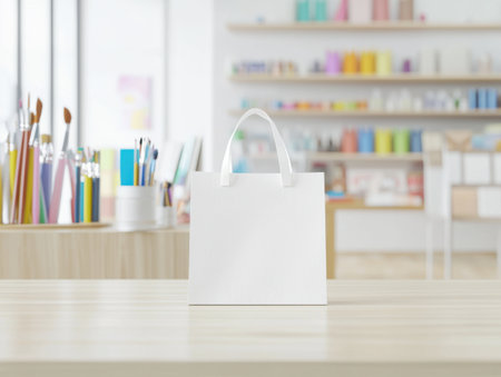 White shopping bag resting on rustic wooden surface inside art supply store, providing clean mockup background for brand presentation and art supply displayの素材