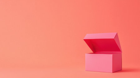 Open pink cardboard box sits on a vibrant coral background. Creating a sense of anticipation and mystery. Perfect for concepts related to gifts. Surprises. And the excitement of opening a presentの素材