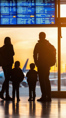 Silhouetted family gazing at an airplane through the airport terminal window during sunset, savoring the excitement of their upcoming journey togetherの素材
