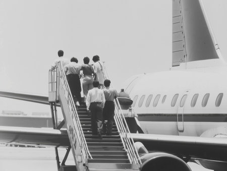 Passengers boarding an airplane on a sunny day at the airport, climbing the stairway and eagerly embarking on their journey to exciting destinations aheadの素材