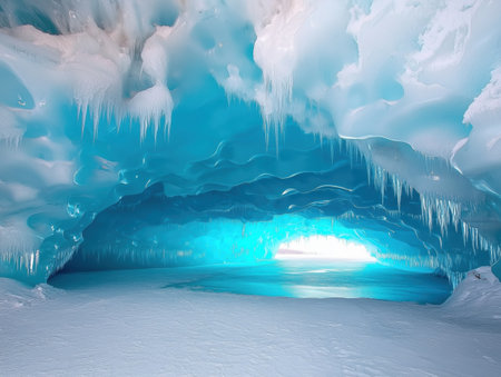 Sunlight illuminates turquoise blue ice cave with icicles hanging from the ceiling and a frozen lake visible from the entrance, creating a magical winter wonderlandの素材