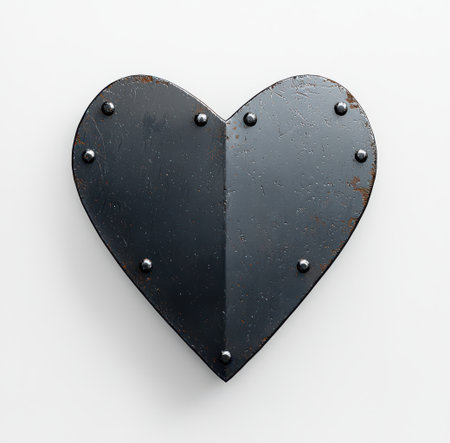 Metal heart object crafted from two riveted plates, presenting a weathered and industrial aesthetic on a simple white background, symbolizing emotional resilience and strong protectionの素材