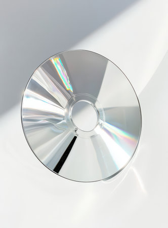 Compact disc reflecting light with iridescent rainbow patterns and subtle shadows on a bright white background, representing music, digital information, vintage media, and technological conceptsの素材