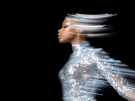 Woman in futuristic silver sequin suit experiencing motion blur and light trails, embodying speed, progress, technology, and energetic dynamism against a dark backgroundの素材