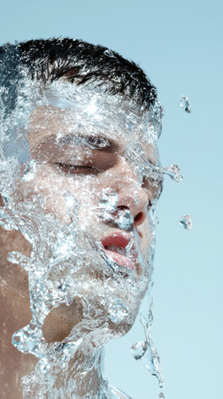 Man with closed eyes having cool water splashing across his face, conveying concepts of refreshment, purity, hydration, and an invigorating skincare routineの素材