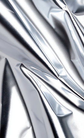 Silver metallic fabric texture showing shiny reflective surface with crumpled details, forming an abstract contemporary background, creating a futuristic visual ideal for fashion and product designの素材