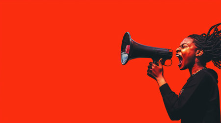 Side view of a young woman with long braided hair energetically shouting into a megaphone against a vibrant red background, conveying a sense of urgency and powerful communicationの素材
