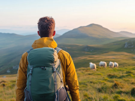 Hiker with a backpack observes a breathtaking mountain view at sunset while sheep graze peacefully in the foreground, creating a serene and picturesque sceneの素材