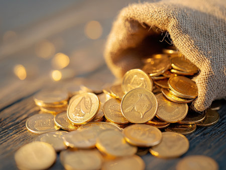 Gold coins are pouring from a small burlap sack onto a wooden table, creating a glittering display of wealth and prosperity, representing savings, investment, and financial successの素材