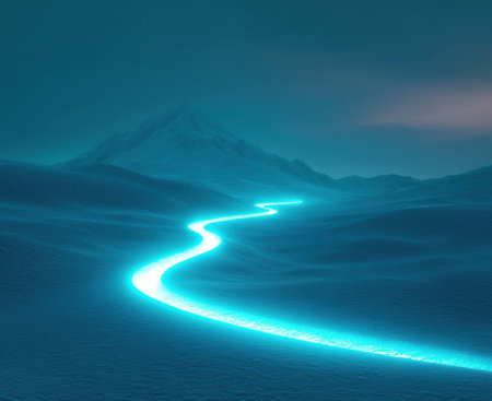 Luminous, winding path illuminates a snowy expanse, leading towards a majestic, snow capped mountain under a twilight sky, creating a mystical and otherworldly atmosphereの素材