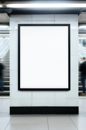 Empty white vertical banner frame on tiled wall in underground hall with blurred people going up and down the escalator, advertisement template mock upの素材