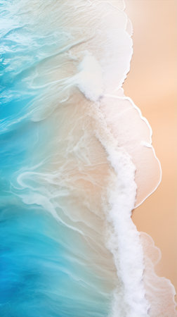 Abstract wallpaper background. Aerial view of aquamarine and azure blue waves crashing on a peach sandy beach, display of water and furlike foam. Beauty in nature conceptの素材