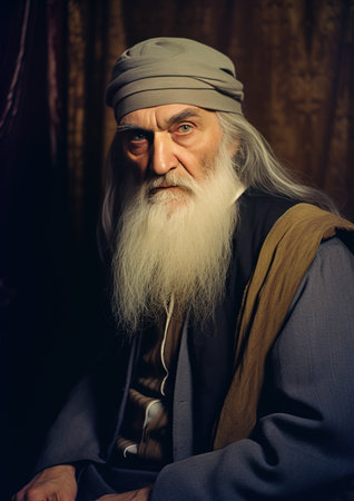 Studio portrait of an elderly shepherd exuding confidence, wearing traditional attire and a long, distinguished beard, against a dark backdropの素材