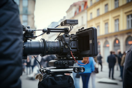 Cameraman is using a professional digital cinema camera with a large lens and external monitor to record a scene on a city street, with blurred people walking in the backgroundの素材
