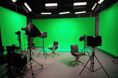 A Large Green screen studio with lighting and equipment for multimedia content creation in photography and filmmakingの素材