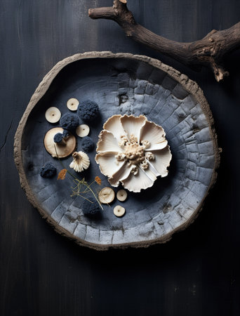 An exquisite and beautiful arrangement of various mushrooms along with dried flowers on a charming rustic wood sliceの素材