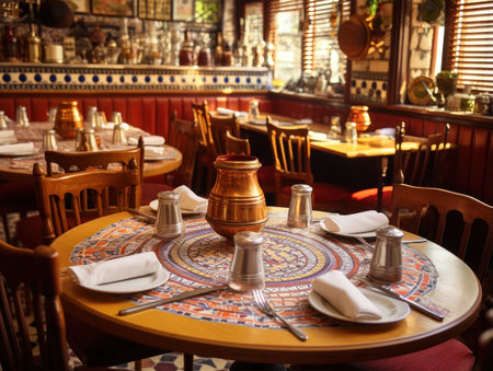 Sunlight streams through the windows of an elegant restaurant, illuminating mosaic topped tables set with white napkins, silverware, and a copper pitcher, creating a warm and inviting atmosphereの素材