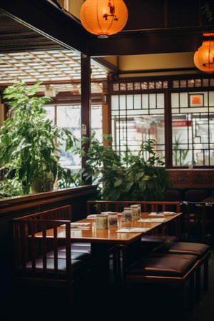 The warm ambiance creates an inviting atmosphere with elegant design in the restaurant of Japanese cuisineの素材